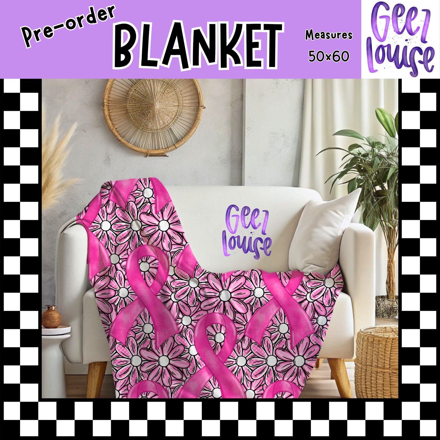 Pink Daisy Ribbon Throw Blanket – Breast Cancer Awareness Preorder – 50x60