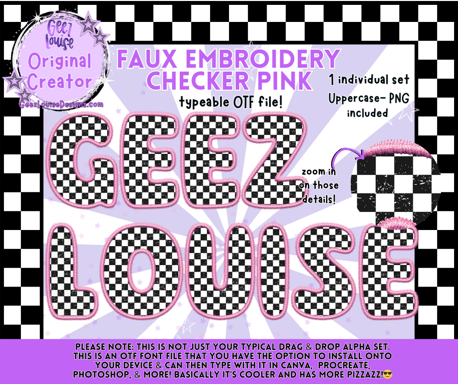 Faux Embroidery Checker Pink OTF Alpha | Typeable Font + PNG Set