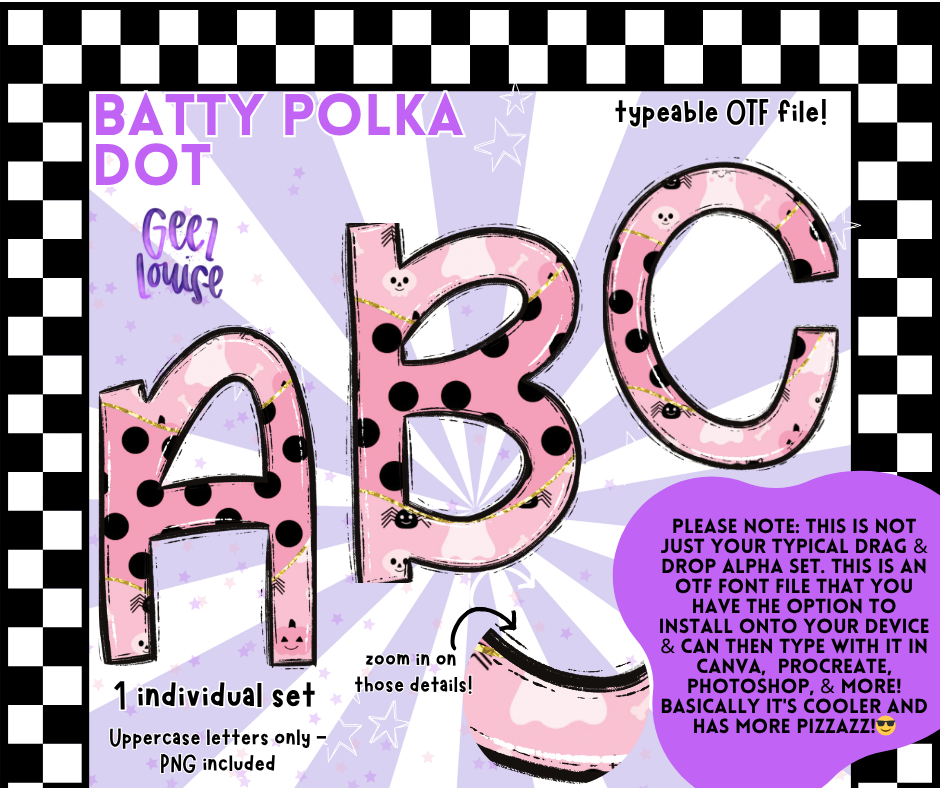 Batty Polka Dot OTF Font + PNG Alpha Set
