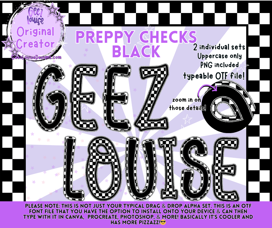 Preppy Checks Black Alpha Font | OTF & PNG Letters