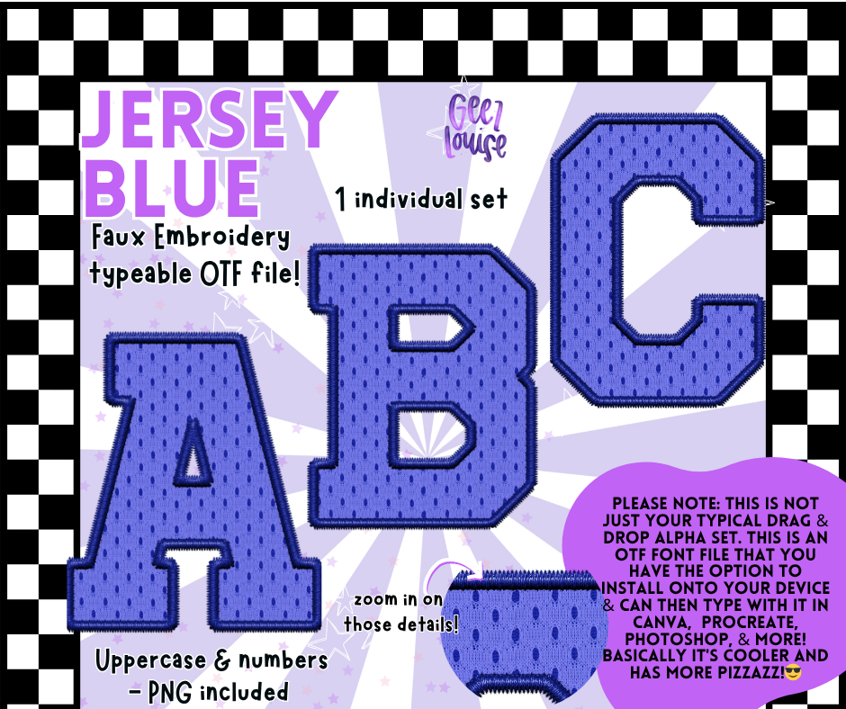 Jersey Faux Embroidery OTF Font – 22 Color Options | Typeable Alphabet with PNGs
