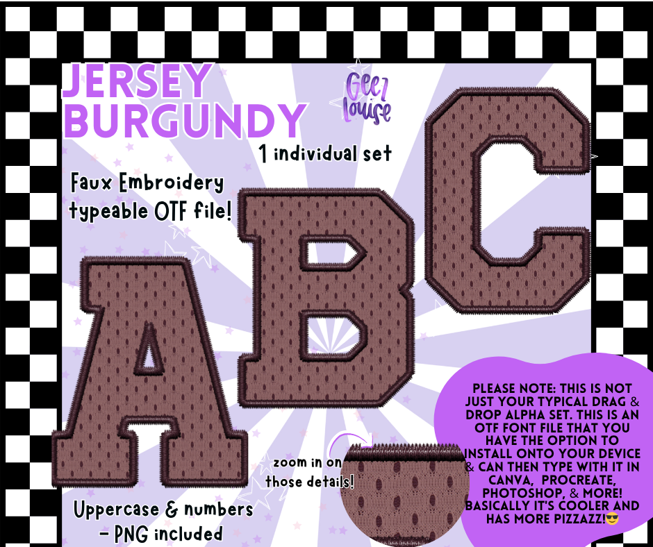 Jersey Faux Embroidery OTF Font – 22 Color Options | Typeable Alphabet with PNGs