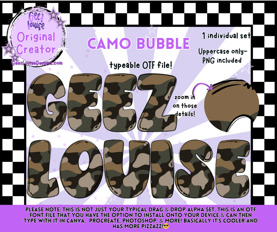 Camo Bubble Typeable OTF Font + PNG Set