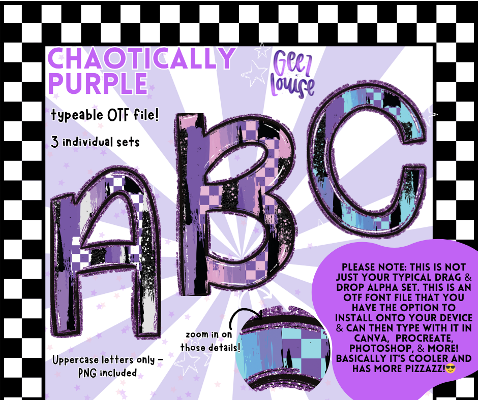 Chaotically Purple OTF Font & PNG Alpha Set – 3 Bold Uppercase Styles