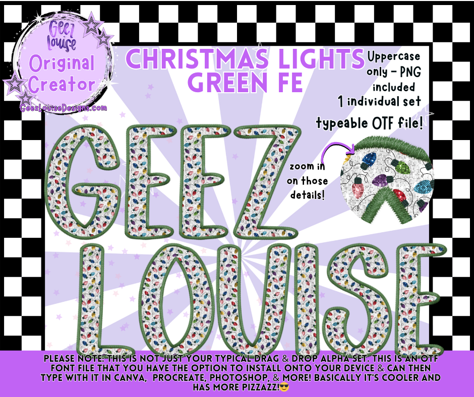 Christmas Lights Green Faux Embroidery Alpha Font | OTF & PNG Letters