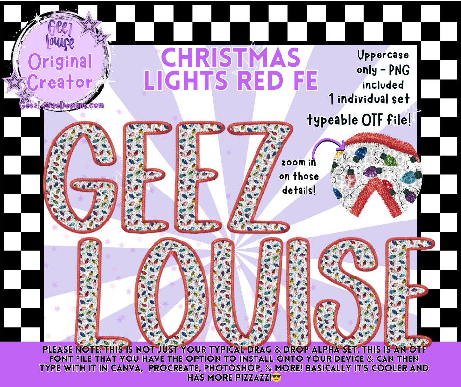 Christmas Lights Red Faux Embroidery Alpha Font | OTF & PNG Letters