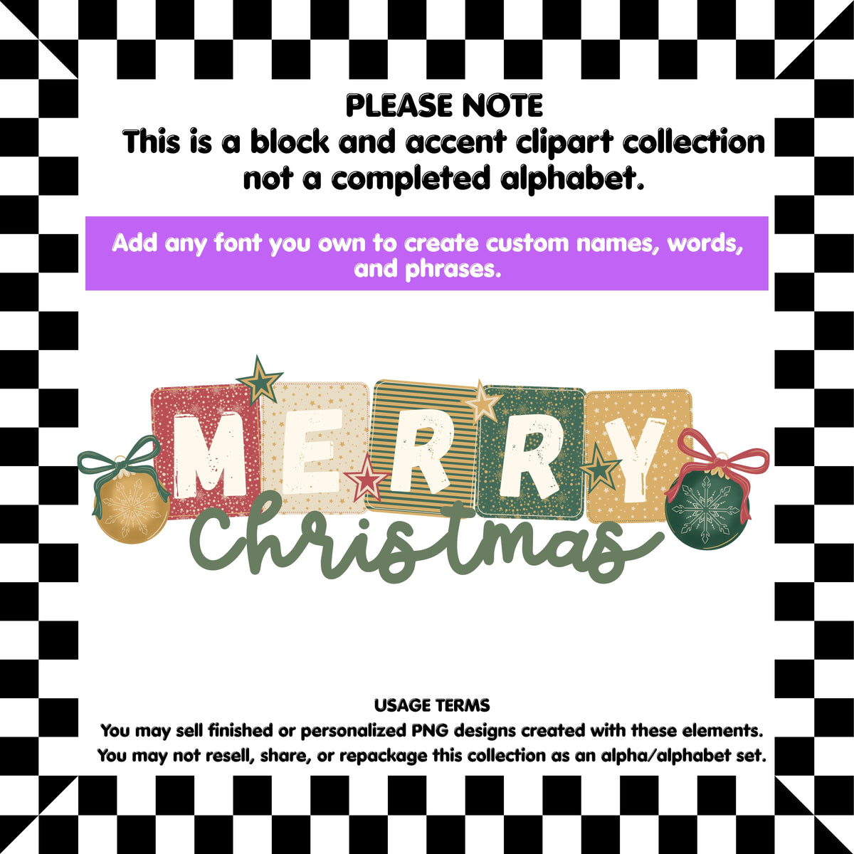 Christmas Tile Clipart | Retro Christmas Block & Accent PNG Set