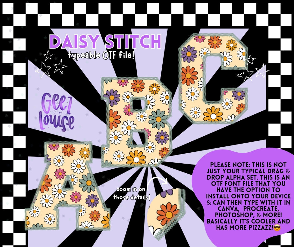 Daisy Stitch - TYPEABLE OTF Font - Alpha Set - Digital Download- PNG