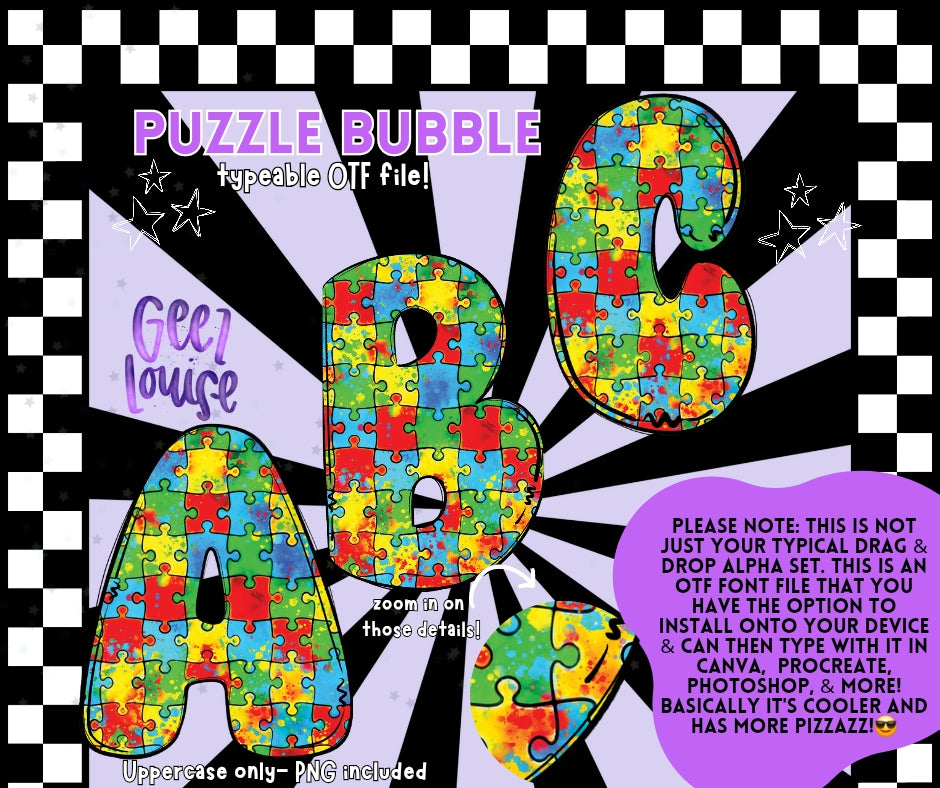 Puzzle Bubble - TYPEABLE OTF Font - Alpha Set - Digital Download- PNG
