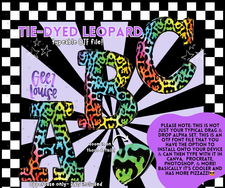 Tie- dyed leopard - TYPEABLE OTF Font - Alpha Set - Digital Download- PNG