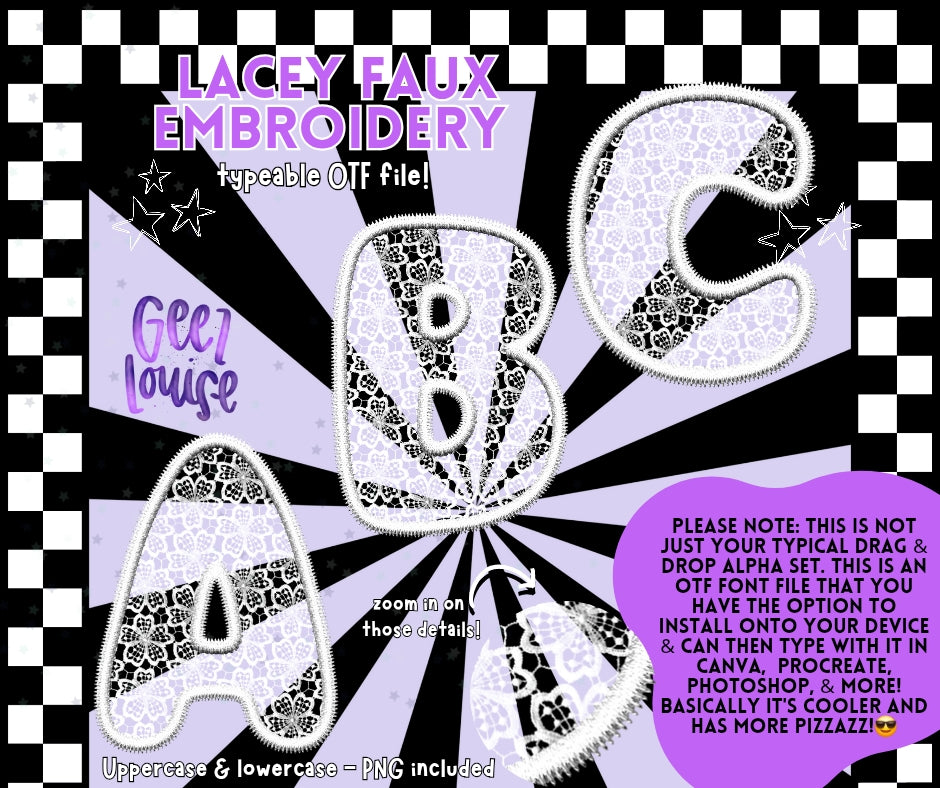 Lacey faux embroidery - TYPEABLE OTF Font - Alpha Set - Digital Download- PNG