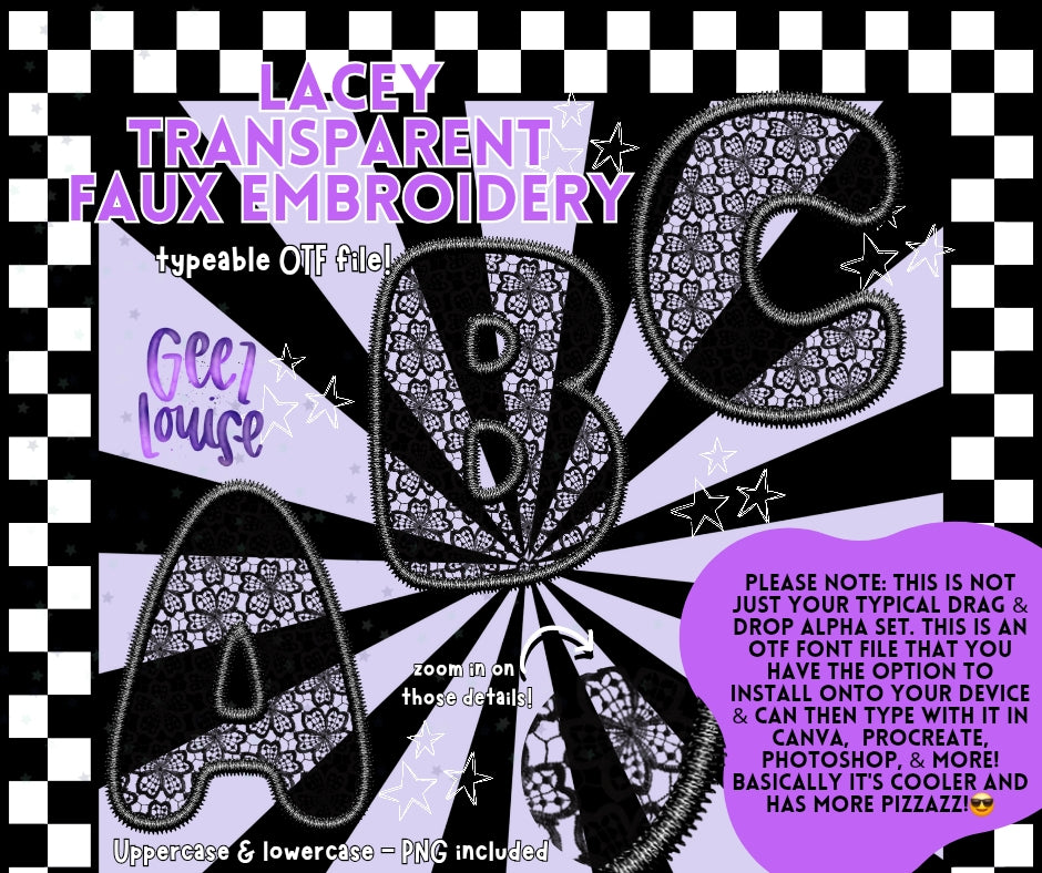 Black Lacey transparent faux embroidery - TYPEABLE OTF Font - Alpha Set - Digital Download- PNG