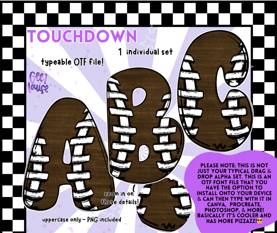 TOUCHDOWN Football Stitch Alpha – OTF Font & PNG Set