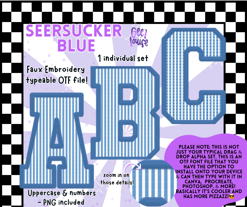 Seersucker Faux Embroidery Alpha – 17 Colors | OTF Font + PNG