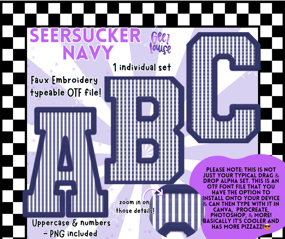 Seersucker Faux Embroidery Alpha – 17 Colors | OTF Font + PNG