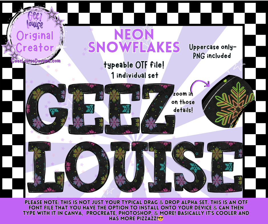 Neon Snowflake Typeable OTF Font + PNG Set