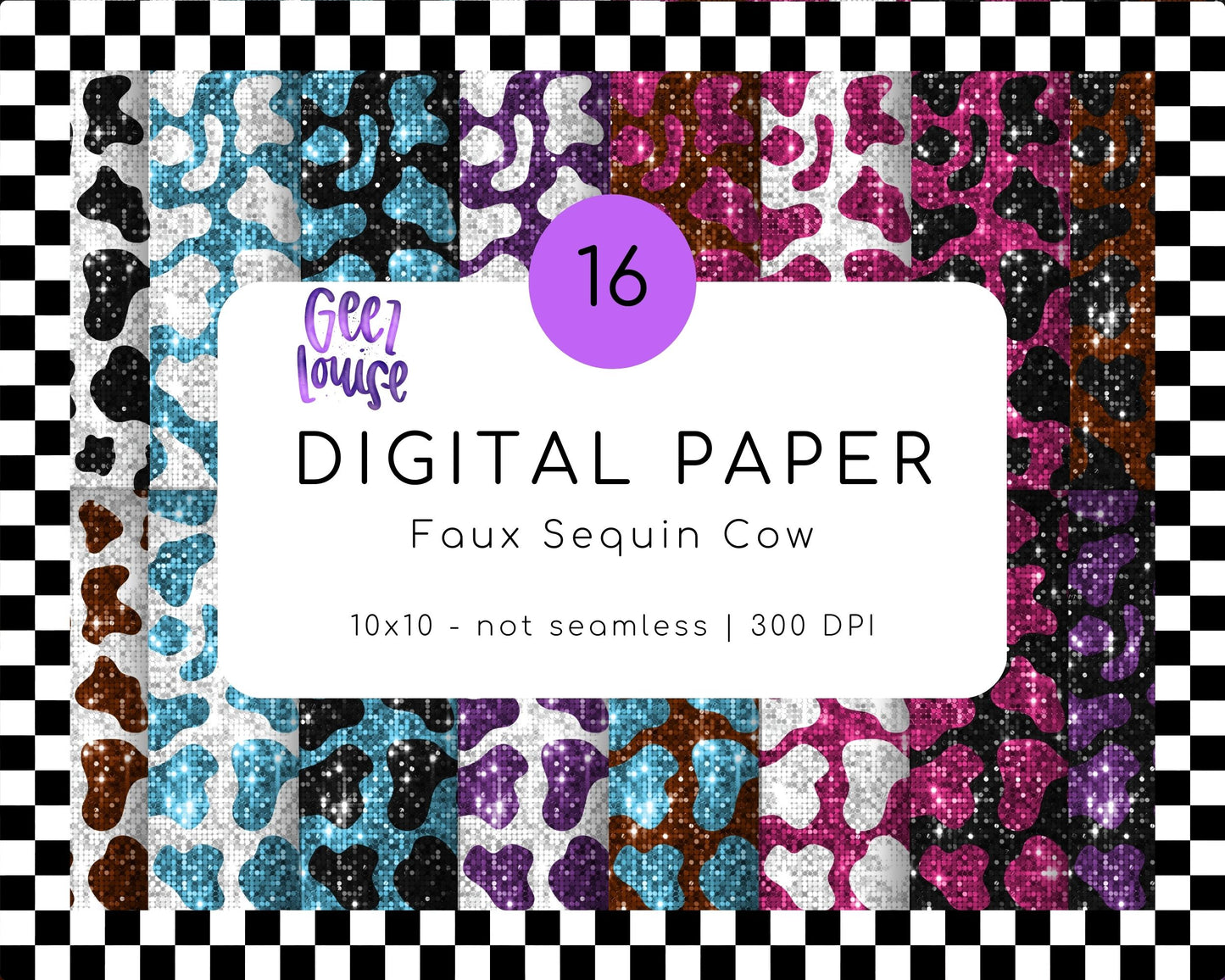 sequin cow print digital paper set bundle - Digital Download- PNG