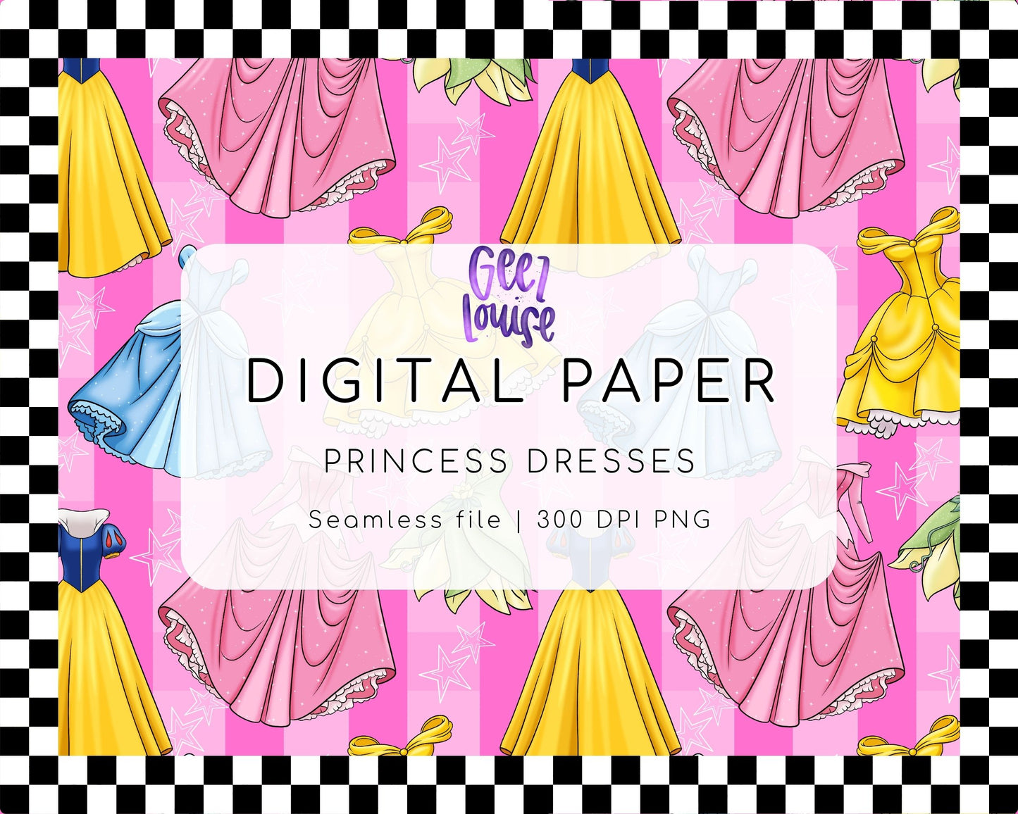 Princess Dresses Seamless Digital Paper | Fairytale Dress Pattern PNG | Pink Princess Digital Paper | 12x12 Seamless Background