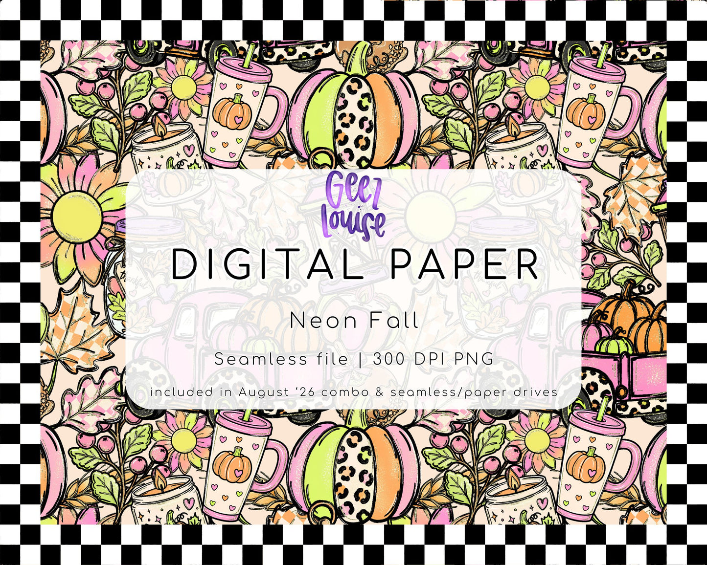 Neon Fall Digital Paper | Seamless Autumn Pumpkin Pattern PNG | Leopard Pumpkin & Cozy Coffee Scrapbook Paper | August '26 Seamless Drive