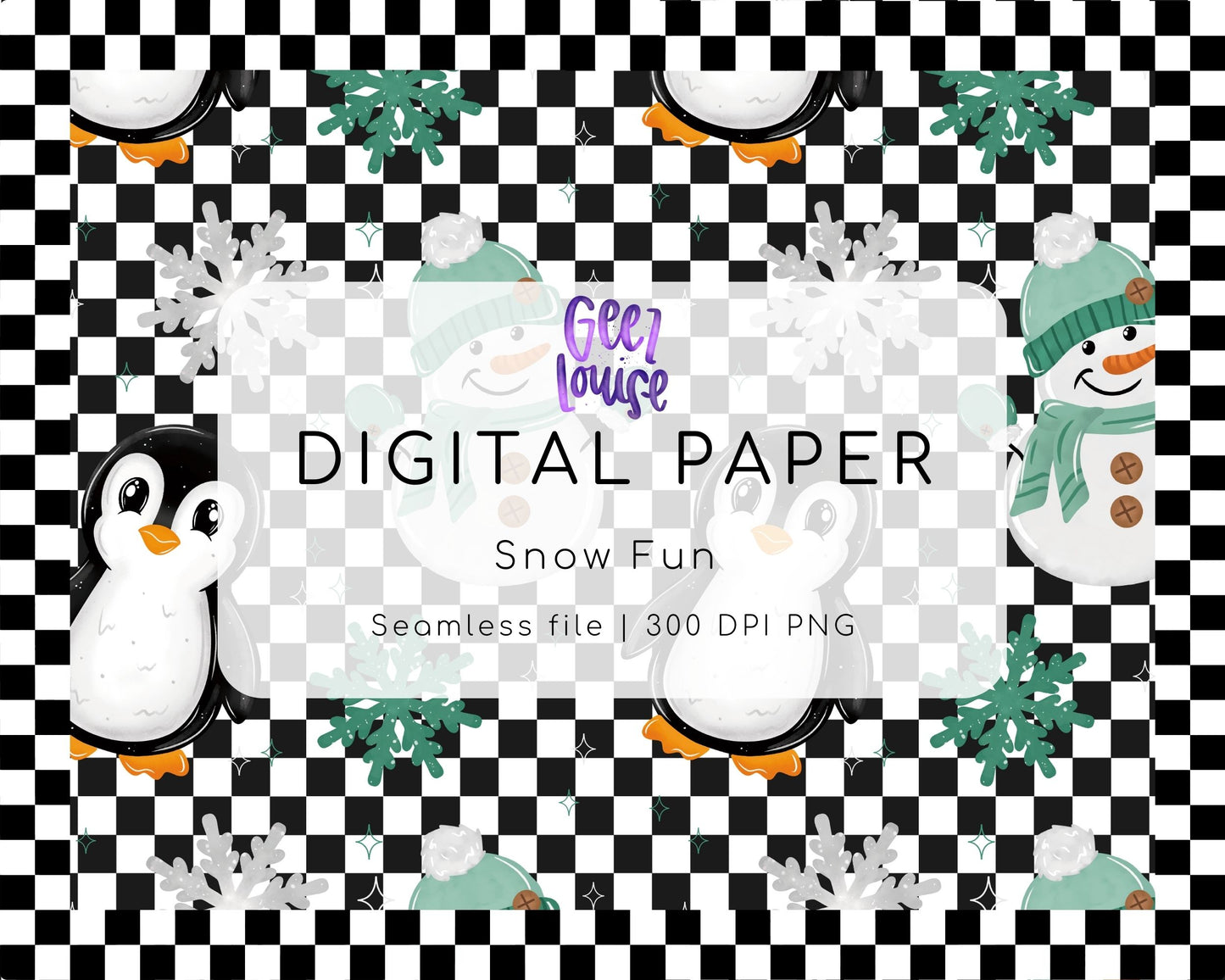 Snow Fun Seamless Digital Paper | Penguin & Snowman Winter Pattern | 300 DPI PNG