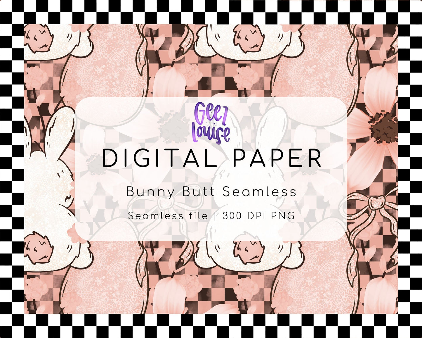 Bunny Butt Digital Paper | Seamless Floral Checker Pattern | 300 DPI PNG