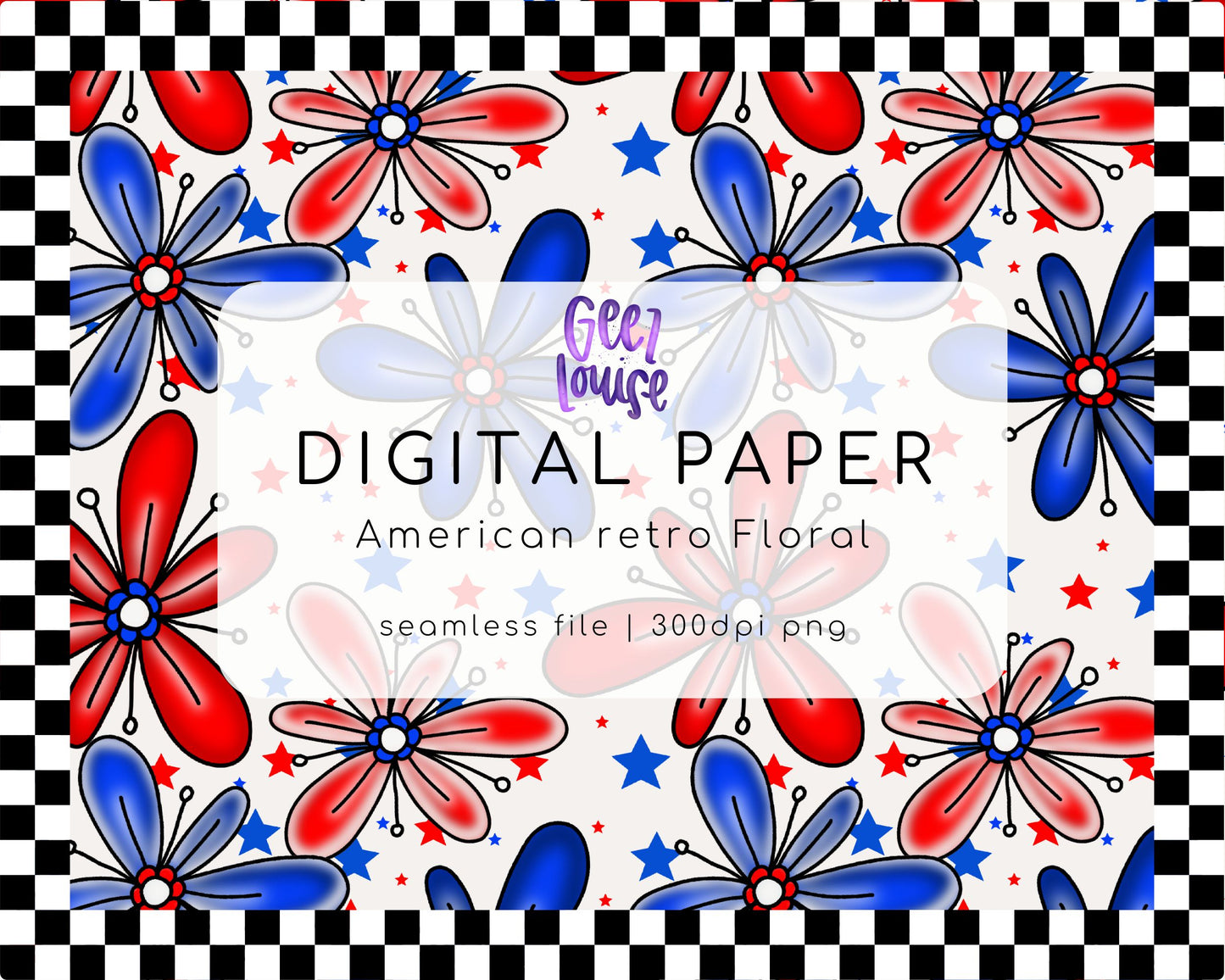 American Retro floral patriotic - seamless - Digital Download- PNG