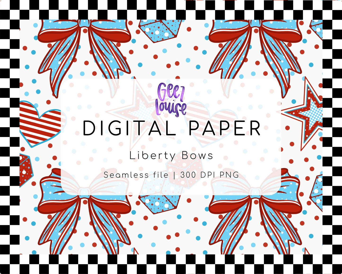 Liberty Bows Seamless Digital Paper | Patriotic Bow PNG | Red White Blue Pattern | 300 DPI