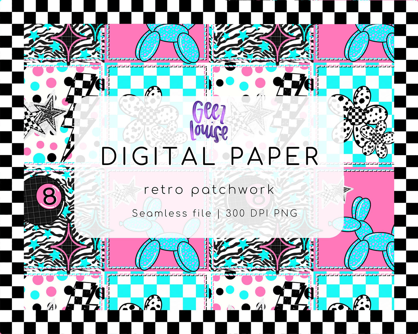 Retro Patchwork Digital Paper | Seamless PNG Pattern | Checkerboard, Zebra & Y2K Style Backgrounds