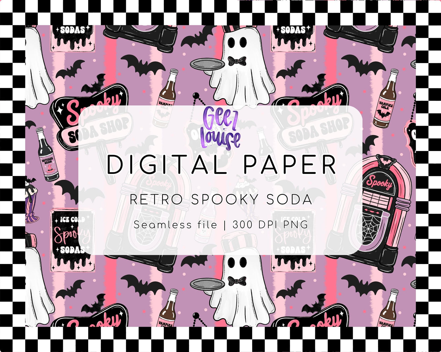 Retro Spooky Soda Digital Paper | Halloween Seamless PNG | Ghost Diner Background