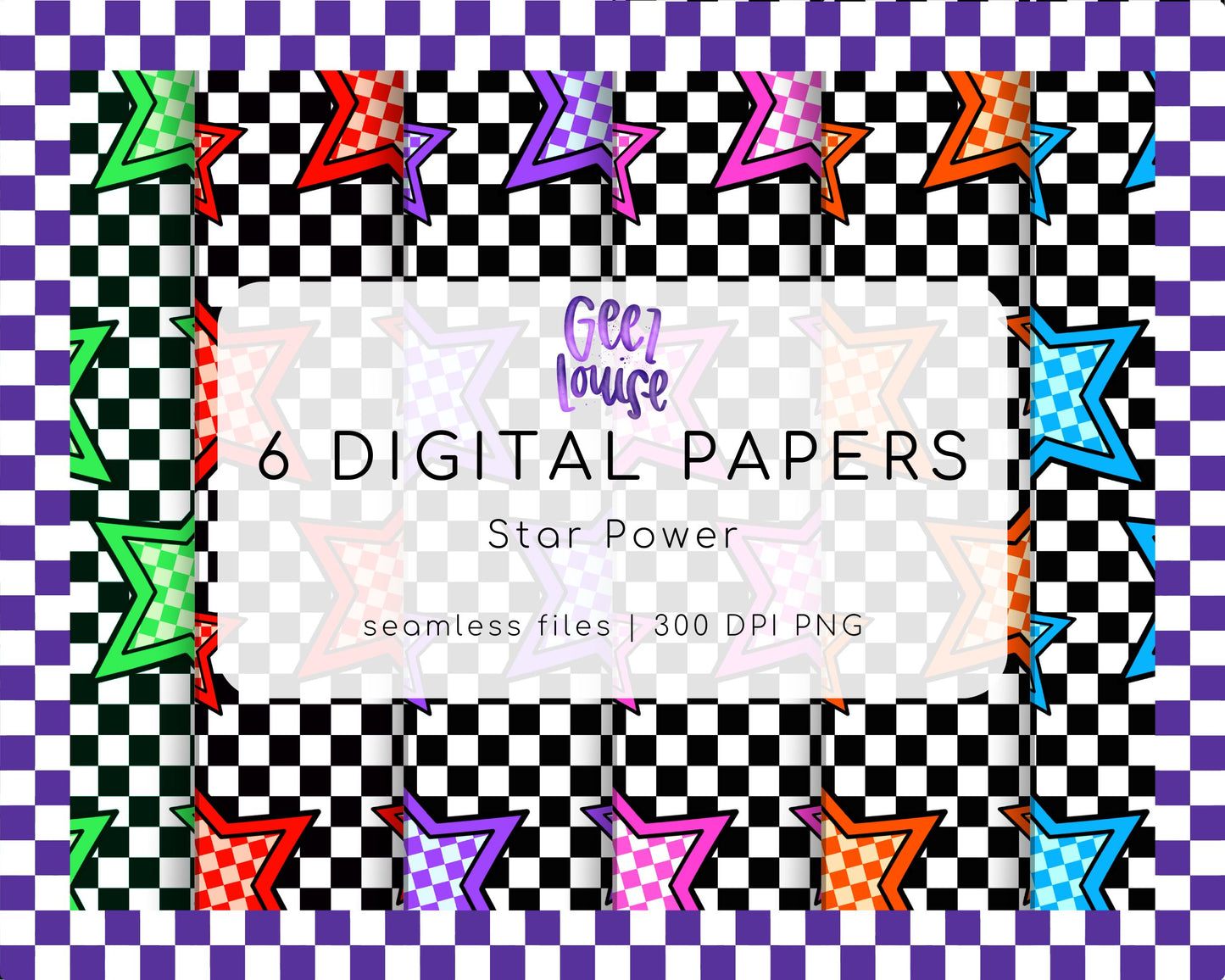 Star Power Checkerboard Digital Paper – 6 Seamless PNG Backgrounds