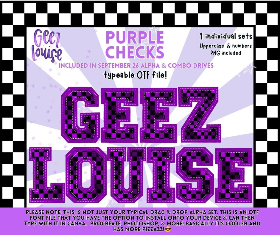 Purple Checks OTF Alpha | Purple & Black Checkered Varsity Font | Uppercase Letters & Numbers