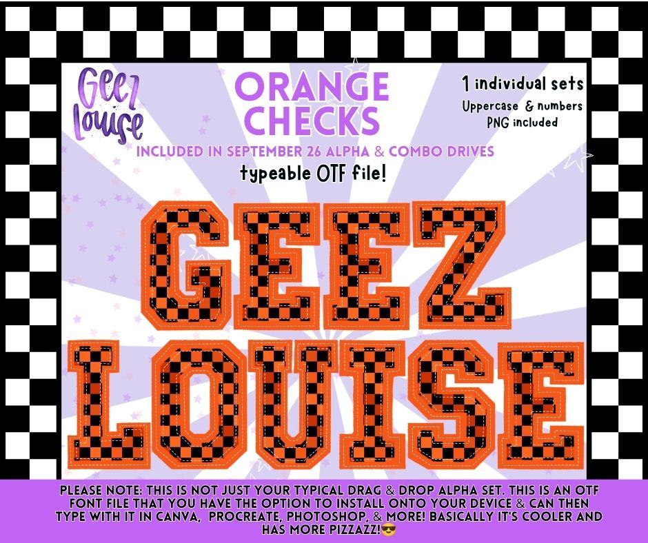 Orange Checks OTF Alpha | Orange & Black Checkered Varsity Font | Uppercase Letters & Numbers