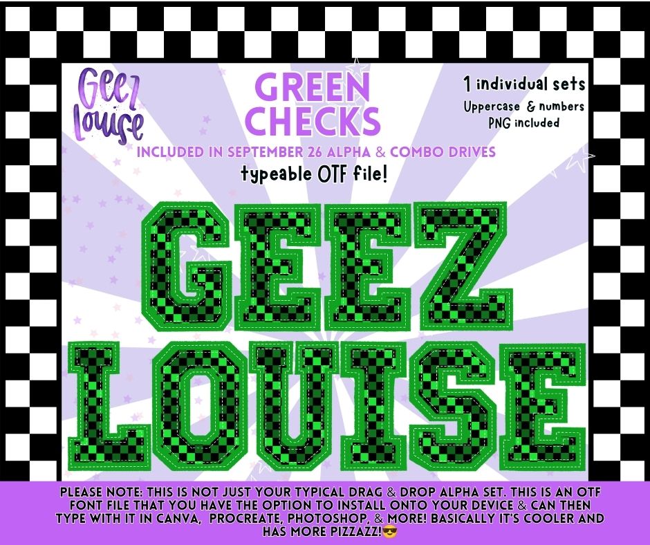 Green Checks OTF Alpha | Green & Black Checkered Varsity Font | Uppercase Letters & Numbers