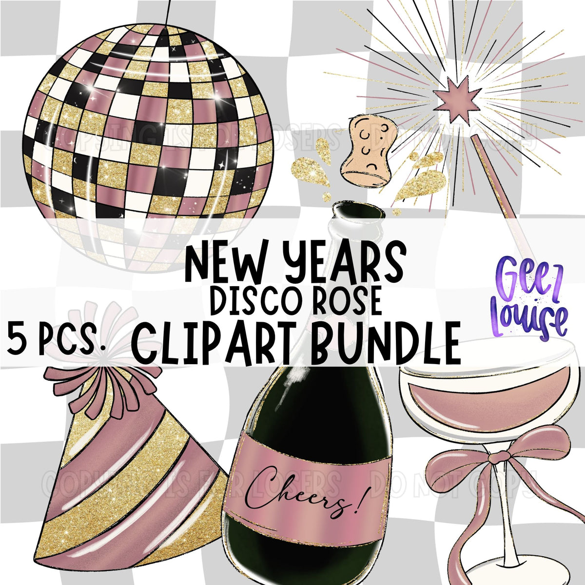 New Years Disco Rose Clipart Bundle | 5 Pink & Gold PNG Graphics