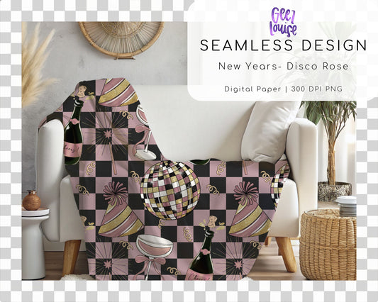 New Years Seamless Pattern | Retro Disco & Champagne Digital Paper PNG