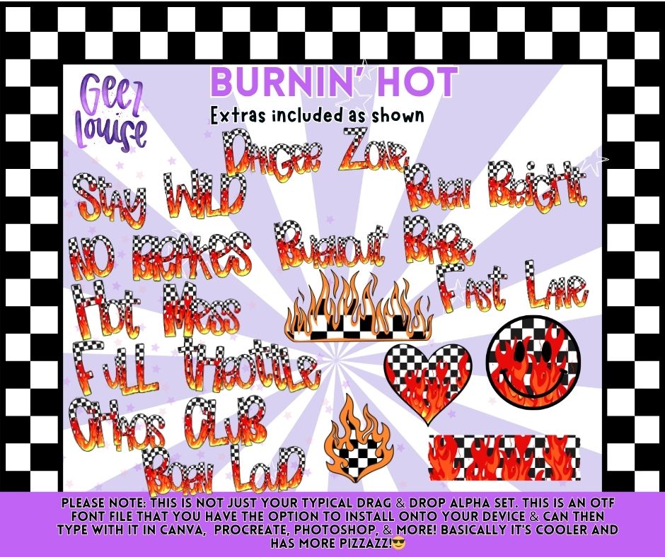 Burnin’ Hot OTF Font & PNG Alpha Bundle | Checkerboard Flame Retro Alphabet Set