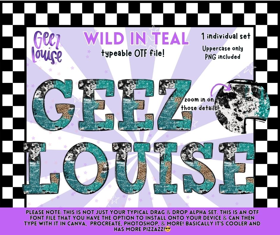 Wild in Teal OTF Font & PNG Alpha Set | Typeable Alphabet | Uppercase Letters | Digital Download