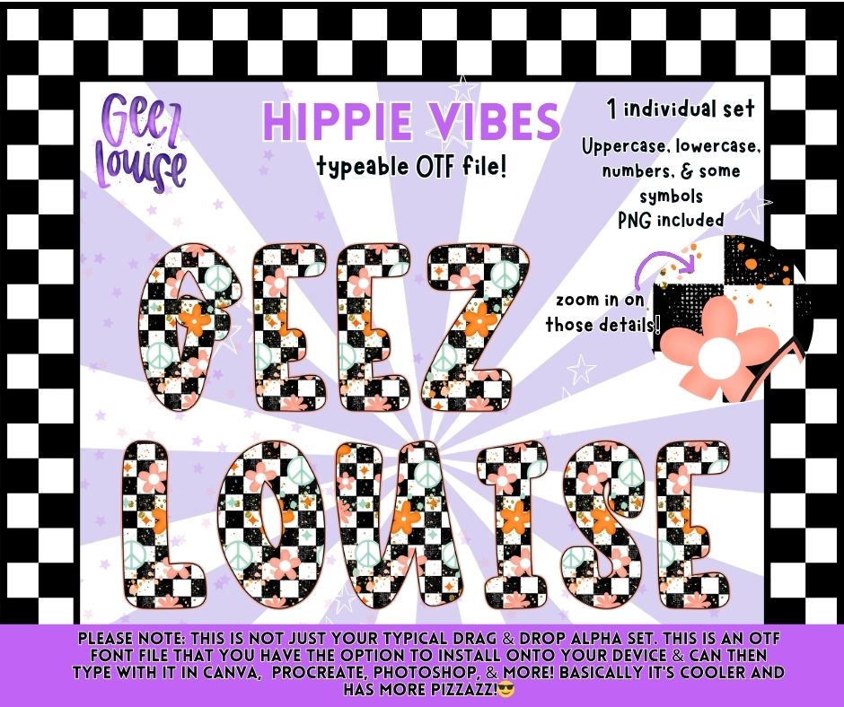 Hippie Vibes OTF Font + PNG Alpha Set | Retro Floral Checkerboard Typeface | Typeable Font for Canva & Procreate