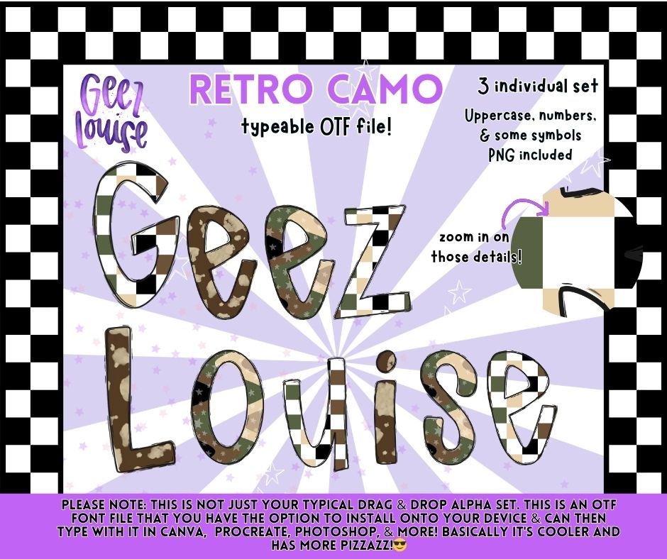 Retro Camo OTF Font + PNG Alpha Set | Typeable Camo Font | Uppercase, Numbers & Symbols
