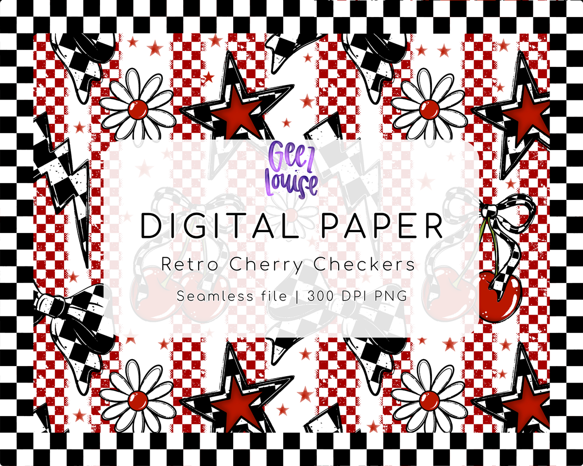 Retro Cherry Checkers Seamless Pattern | Rockabilly Cherry Digital Paper PNG
