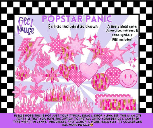 Popstar Panic OTF Alpha Set + Matching Clipart Extras | Pink Trendy Font PNG Bundle