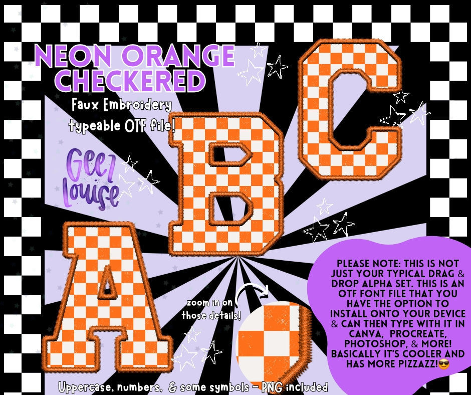 Neon orange checkered faux embroidery - TYPEABLE OTF Font - Alpha Set - Digital Download- PNG