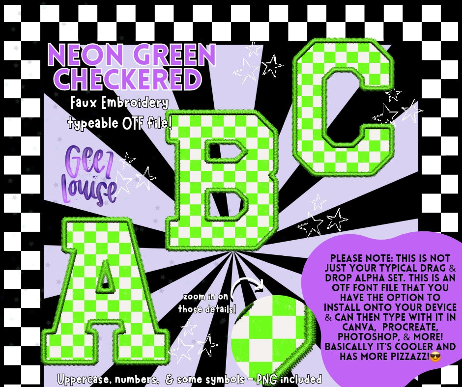Neon green checkered faux embroidery - TYPEABLE OTF Font - Alpha Set - Digital Download- PNG