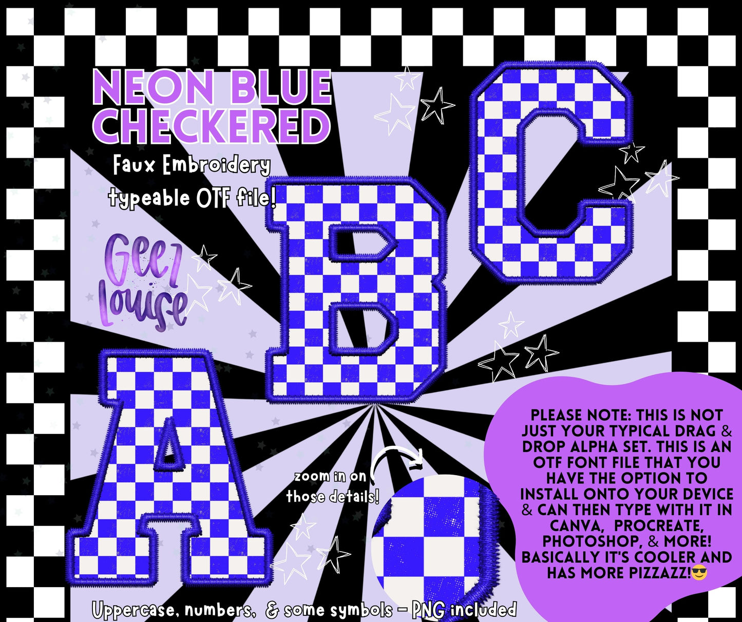 Neon blue checkered faux embroidery - TYPEABLE OTF Font - Alpha Set - Digital Download- PNG