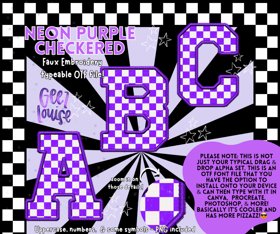 Neon purple checkered faux embroidery - TYPEABLE OTF Font - Alpha Set - Digital Download- PNG