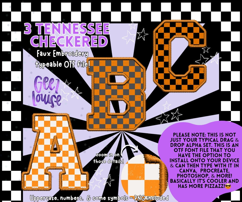 Tennessee checkered faux embroidery - TYPEABLE OTF Font - Alpha Set - Digital Download- PNG