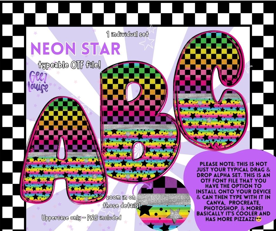 Neon star - TYPEABLE OTF Font - Alpha Set - Digital Download- PNG