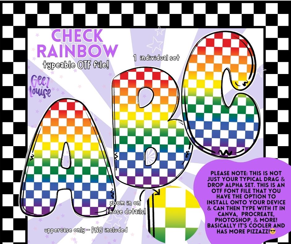 Check Rainbow - Colorful Checkerboard OTF Font + PNG Alpha Set