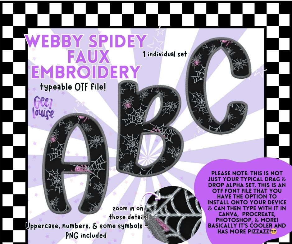 Webby Spidey Faux Embroidery – OTF Font + PNG Alpha Set
