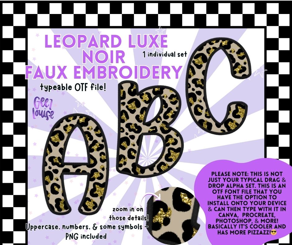 Leopard Luxe Noir – Faux Embroidery Glitter Leopard Print OTF Alpha Font + PNGs